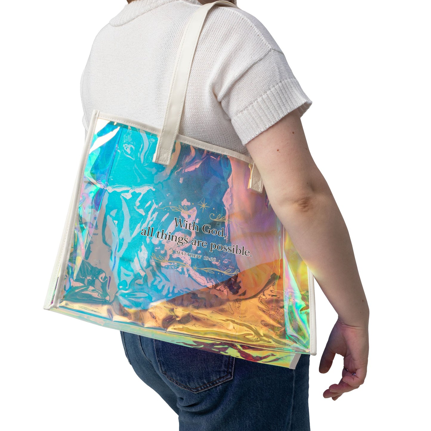 Holographic Beach Tote Bag — "With God All Things Are Possible"