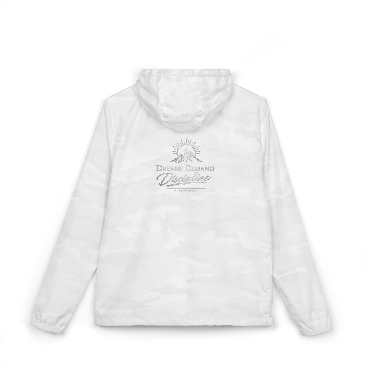 Windbreaker Jacket — 'Dreams Demand Hustle' Lightweight White Camo Zip Hoodie