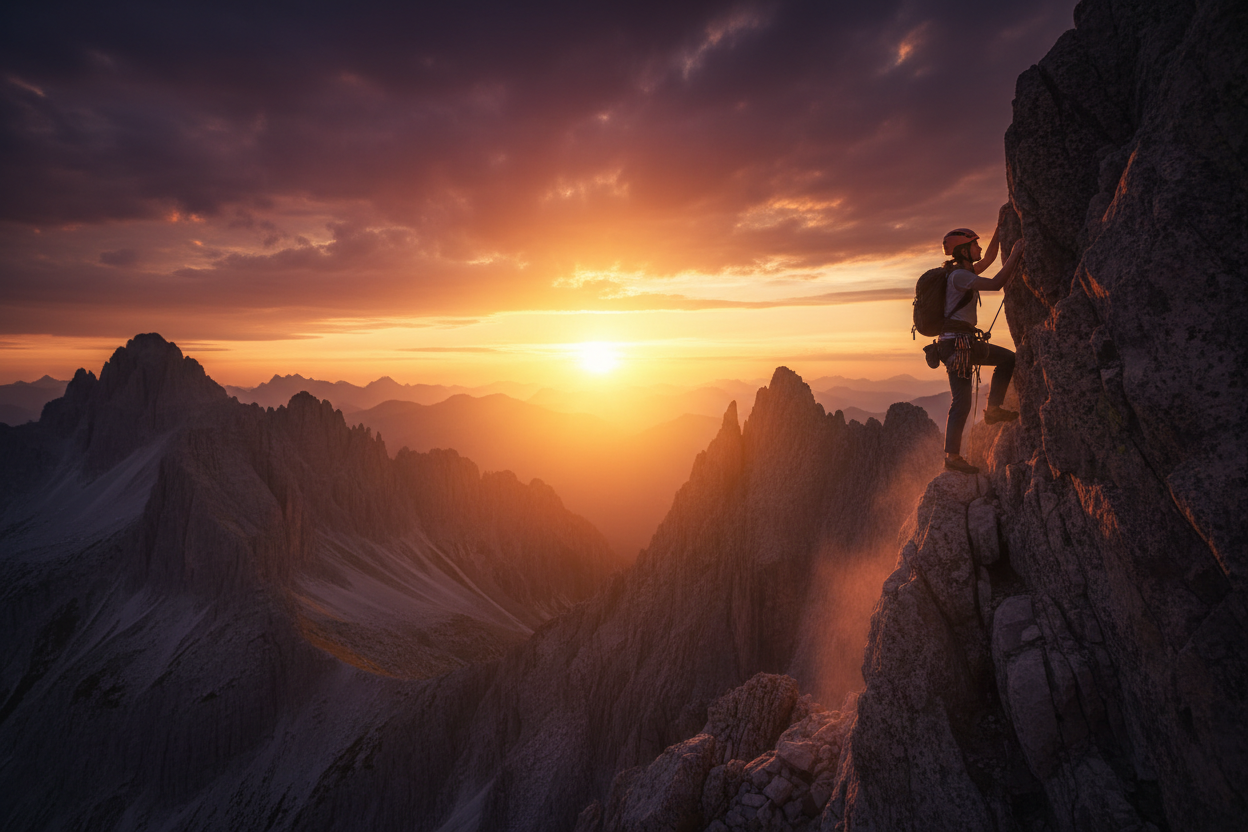 woman climbing a mountain with a sunset 